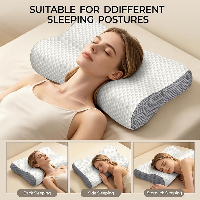 Cervical Neck Pillow for Pain Relief, Contour Memory Foam Pillows for Sleeping, Ergonomic Pillow Orthopedic Cooling Pillow Bed Pillow Neck Support for Side Back Stomach Sleepers (Off White&Gray)