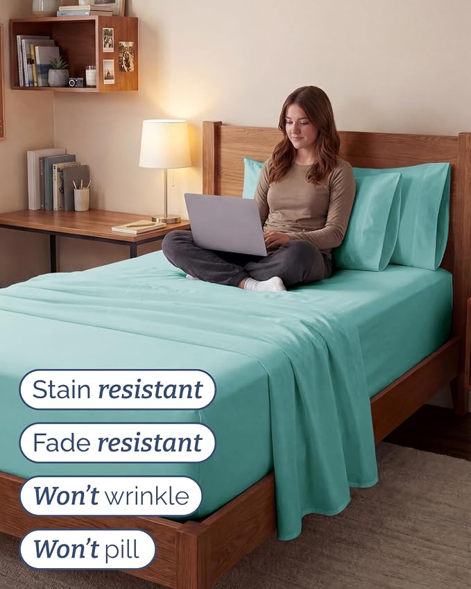 Extra Deep Twin XL Sheet Set - 4 Piece College Dorm Room - Spa Blue | College Dorm Room Essentials, Easy & Secure Fit, Ultra-Soft, Wrinkle & Fade Free, Comfy Sheets Set with Extra Deep Pockets