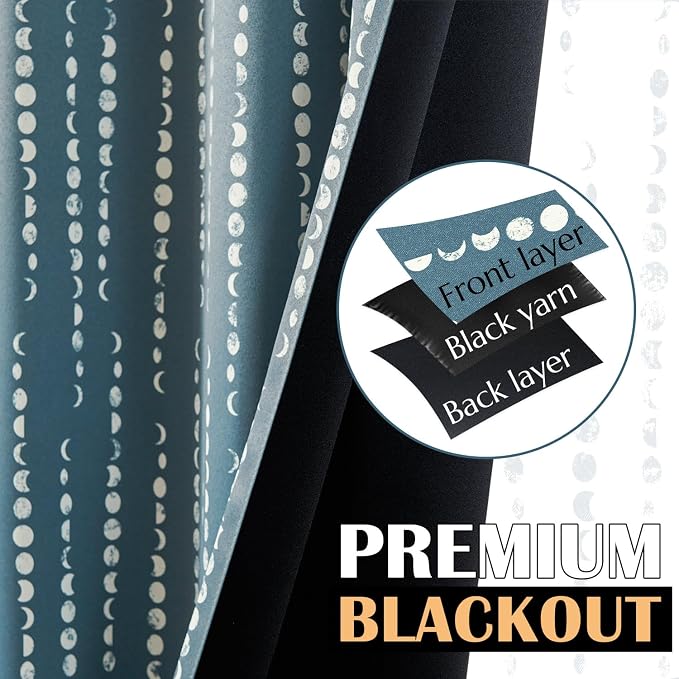 jinchan Boho Blackout Curtains 84 Inches Long Moon Phase Printed Drapes | Blue Farmhouse Curtains for Bedroom Living Room Back Tab Drapes Room Darkening Window Treatments 2 Panels