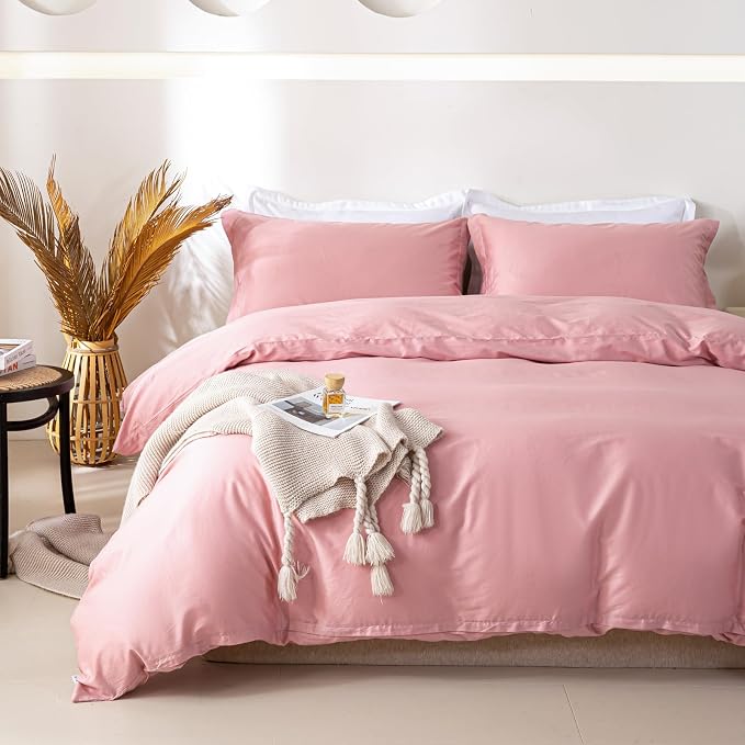 OAITE Duvet Cover Set 100% Washed Cotton Solid 3pcs | Soft,Durable,Long-staple Cotton,Hidden Zipper with 8 Interior Corner Ties,2 Pillowcases
