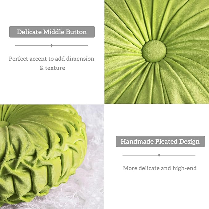HIG Set of 2 Apple Green Velvet Decorative Round Pleated Throw Pillows | Vintage Floor Pillows, Classy Accent Pumpkin with Center Button, for Sofa Couch Vanity Chair Bed, 14.5" Diameter