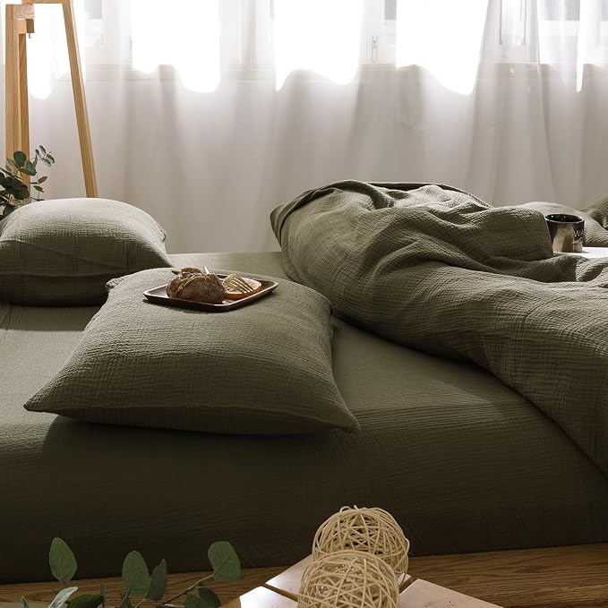 mixinni Olive Green Waffle Weave Duvet Cover Set King, 3-Piece 100% Natural Washed Cotton Triple-Layer Gauze Solid Bedding Set, Soft Breathable Minimalist Comforter Cover with Zipper & Ties-King