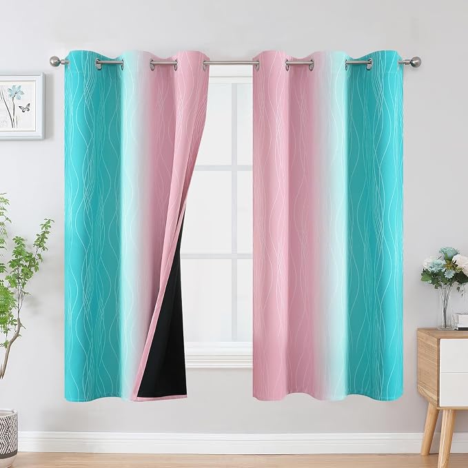 Pink and Teal Ombre Blackout Curtains for Bedroom 63 Inch | Gradient Thermal Insulated Curtains,Kids Room Darkening,Light Blocking Grommet Window Drapes for Living Room,42Wx63L,2 Panels