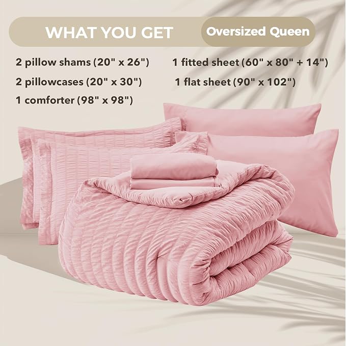 HYMOKEGE Pink Oversized Queen Comforter Set Seersucker 7 Pieces, All Season Luxury Bed in a Bag for Bedroom, Bedding Set with Comforter, Sheets, Pillowcases & Shams