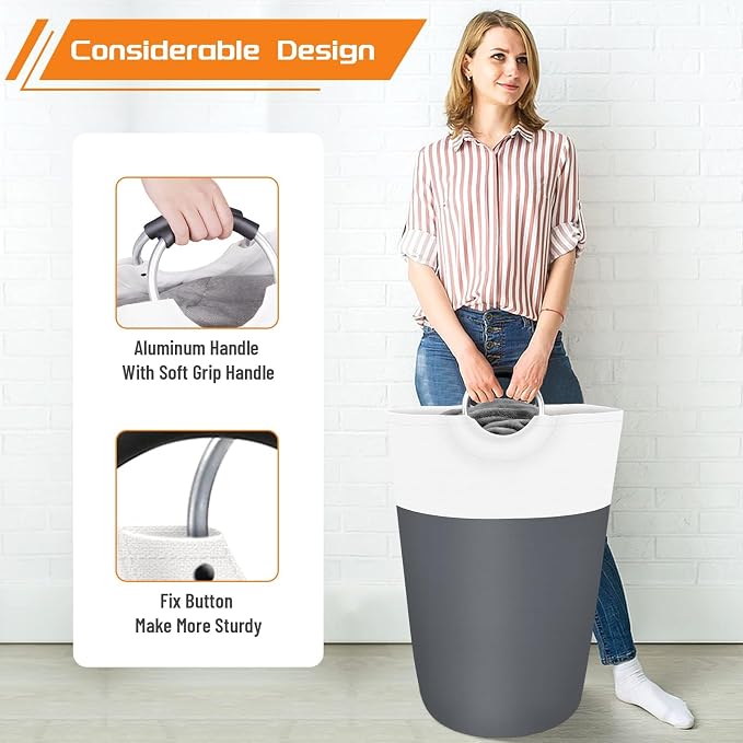 BlissTotes 75L Laundry Basket, Freestanding Collapsible Hamper, Gray | Collapsible Dirty Clothes Hamper, Foldable Laundry Bag for Dorm, Waterproof Fabric, Padded Aluminum Handles