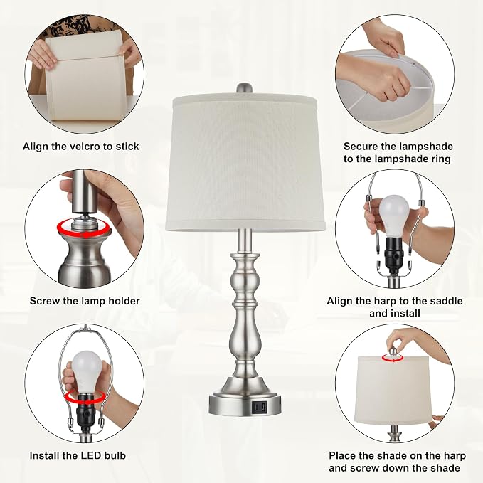 23'' Table Lamps Set of 2, Lamps for Bedroom, USB C+A Ports, Silver | Bedside Lamps with 3 Color Temperatures, Knob Switch, Lamps for Living Room, Office, Night Stands, End Table, Bulbs Included