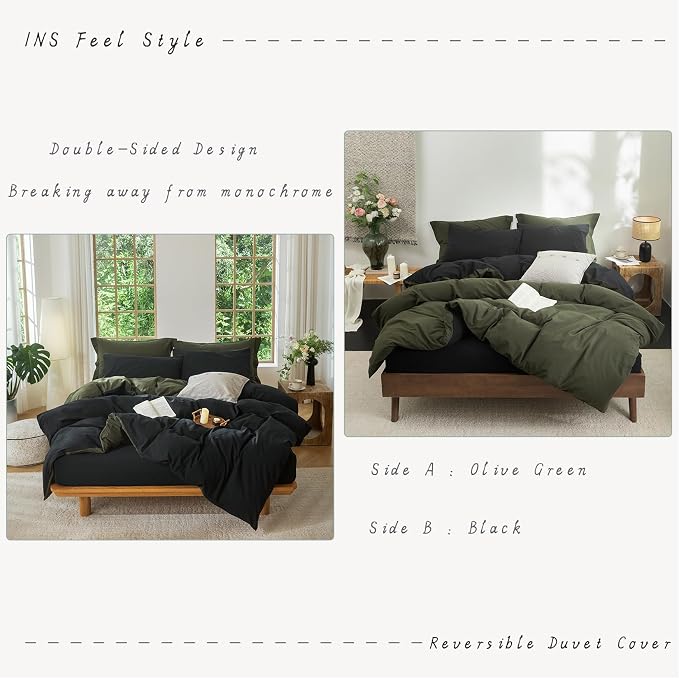 BDEAR 3Pcs Duvet Cover Set Queen Size 90" Wx90 L,Olive Green and Black | 100% Washed Cotton, 1 Duvet Cover with 2 Pillowcases, Zipper Closure, OEKO TEX Standard,8 Corner Ties,Linen-Liked Texture
