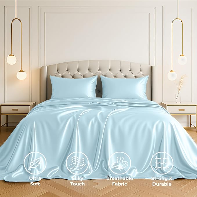 Satin Sheets Queen [4-Piece, Skyblue] Hotel Luxury Silky Bed Sheets - Extra Soft 1800 Microfiber Sheet Set, Wrinkle, Fade, Stain Resistant - Deep Pocket Fitted Sheet, Flat Sheet, Pillow Cases