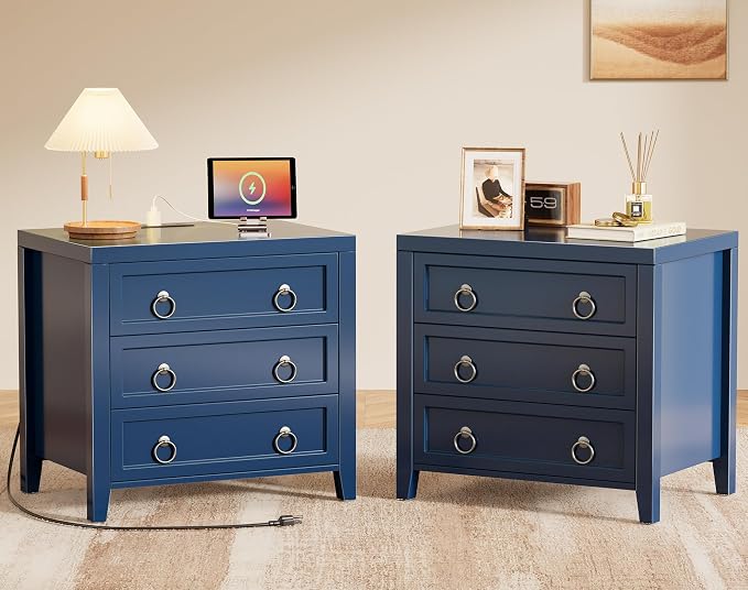 Huuger Paint Night Stand with Charger Station, 3 Drawer Nightstand Set of 2 | Larger Wider Bedside Table with USB-C Port, Modern End Table, for Bedroom, Living Room, Blue Nightstand