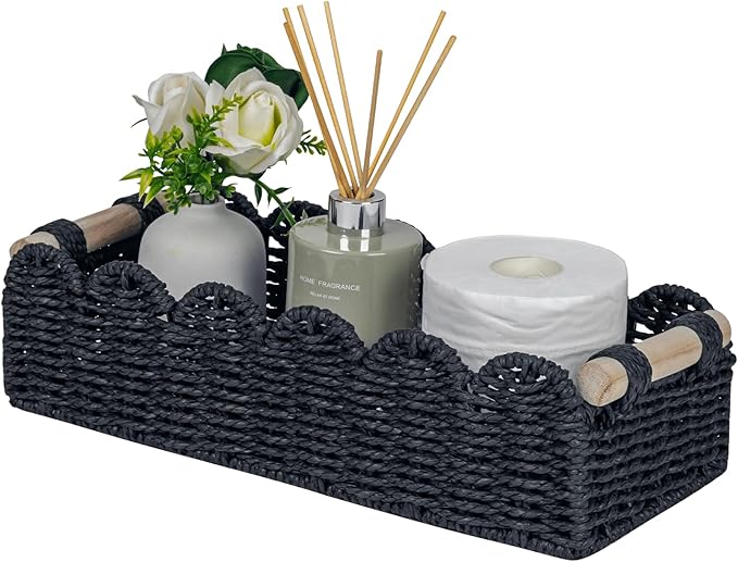 CubesLand Scalloped Toilet Paper Storage Basket W/Handle for Home Decor | Paper Rope Toilet Organizer Basket for Countertop, Over Toilet Shelf, End Table, Living Room Cozy Decorative & More, Black