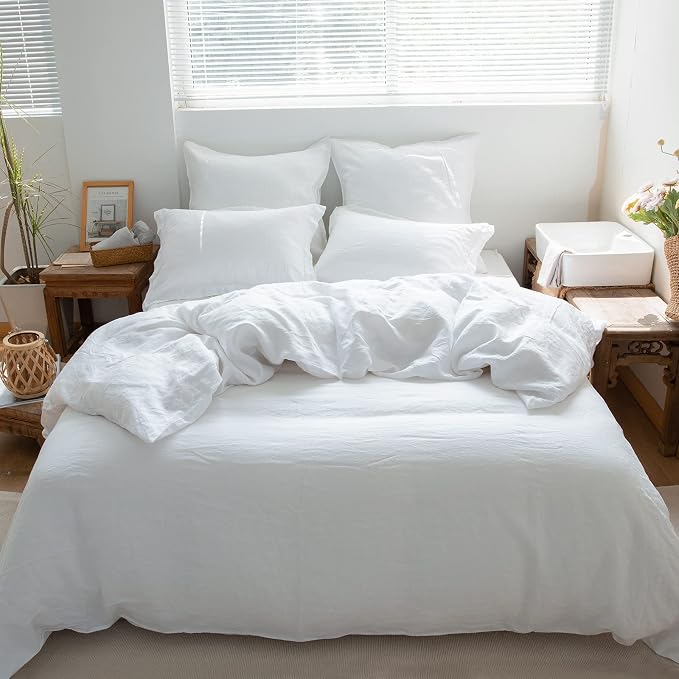 Simple&Opulence 100% Linen Duvet Cover Set 3pcs Basic Style Natural French Washed Flax Solid Color Soft Breathable Farmhouse Bedding with Button Closure - White, California King