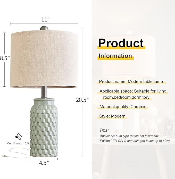 USumkky 20.5 inches Modern Ceramic Green Bedside Lamp Set of 2 for Bedroom Decor Farmhouse Table Lamp for Living Room Office Dorm