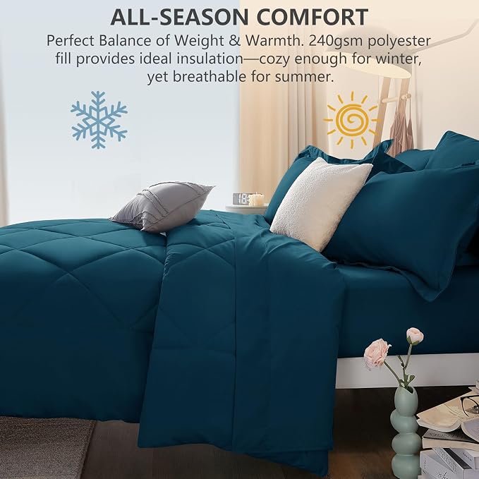 Full Size Comforter Sets Lyons Blue - 7 Pieces Complete Bedding Set | OEKO-TEX Certified, All Season, 240GSM Down-Alternative Comforter, Sheets, Pillowcases & Shams, 14" Deep Pocket, Easy Care