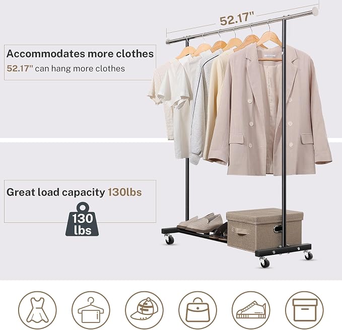 VICERII Clothes Rack, 130LB Capacity Heavy Duty Clothing Rack with Wheels and Bottom Shelf, 52.17 Inch Rolling Racks for Hanging Clothes, Coats, Shirts, Sweaters, Skirts, Dress, Black