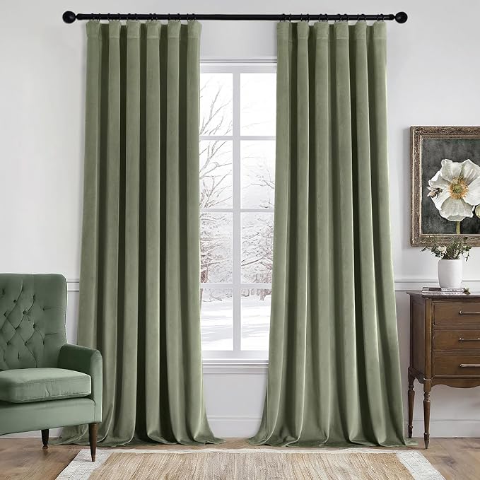 MIULEE Velvet Curtains 50W x 108L 2 Panels Sage Green Blackout Curtains | Luxury velvet fabric, pinch pleat design, back tab hooks, thermal insulated, blackout light blocking, for living room bedroom