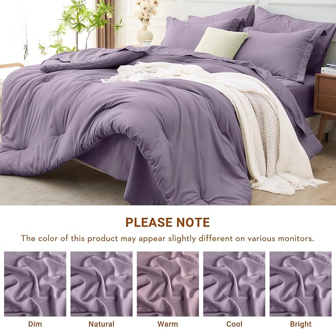 7 Pieces Queen Comforter Set, Soft Bed in a Bag Queen Size, All Season Bedding Set with Comforter, Flat Sheet, Fitted Sheet, Pillowcases & Shams, Greyish Purple