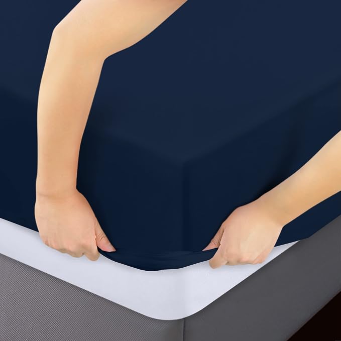 Pack of 2 Full Fitted Sheet, Fits Up to 16 Inch Deep Pocket, Navy | Hotel Comfort, Cooling & Breathable Cotton like Polyester, Easy Fit, Wrinkle & Fade Resistant, Snug Fit, Easy Care, Oeko-Tex