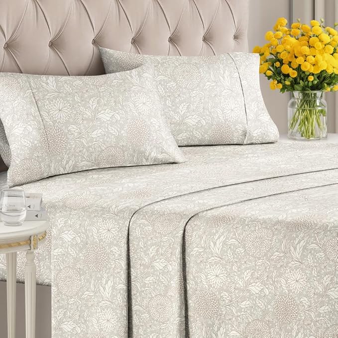 King 4 Piece Floral Sheet Set - Soft, Breathable & Cooling - Beige Floral | 1 Flat, 1 Fitted & 2 Pillowcases w/ Deep Pockets, Boho Botanical Floral Bedding, Breathable & Cooling, Wrinkle & Fade Free