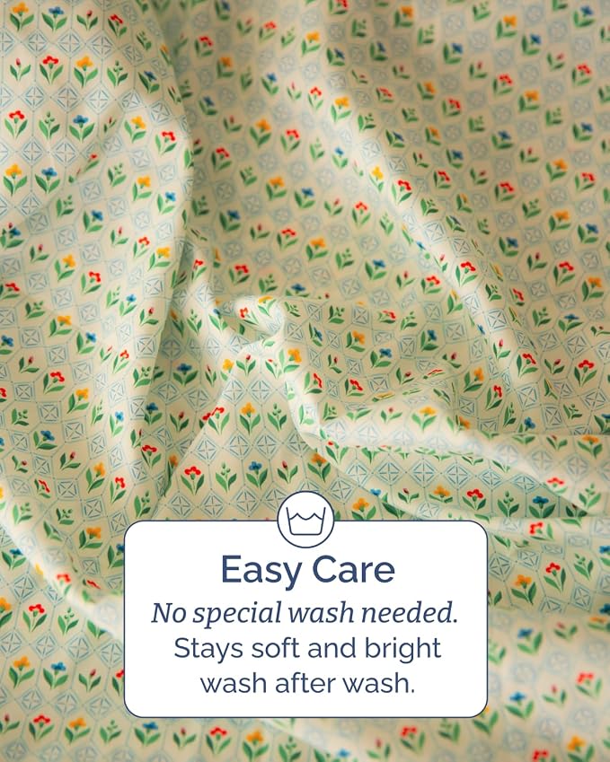 Full 4 Piece Floral Sheet Set - Soft, Breathable & Cooling - Tile Garden | 1 Flat, 1 Fitted & 2 Pillowcases w/ Deep Pockets, Boho Botanical Floral Bedding, Breathable & Cooling, Wrinkle & Fade Free