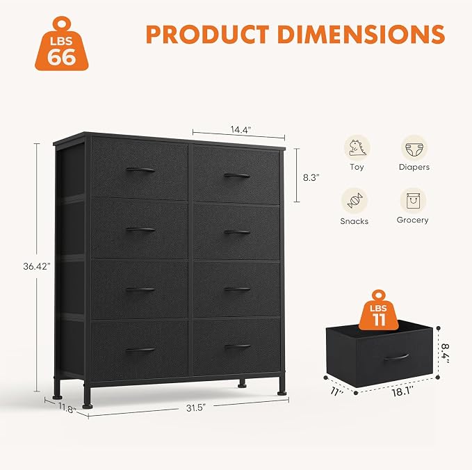 Sweetcrispy 8 Drawer Dresser with Fabric Bins for Bedroom Storage, Black | Closet Organizer, Tall Chest of Drawers with Steel Frame and Wood Top, Easy Pull Handles, Hallway Entryway