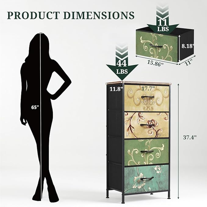 4 Drawers Dresser for Bedroom Fabric Storage Tower with Wooden Top | Steel Frame Tall Chest of Drawers for Closet, Entryway, Dorm, Floral Painted