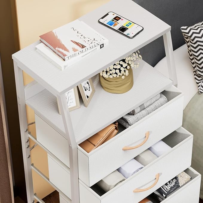Furnulem Tall Nightstand with 4 Fabric Drawers, Small Dresser for Bedroom | White Dorm Bedside Table , Dresser for Closet, Storage Drawer for Living Room, Entryway, Furniture, Metal Frame, Wood Top