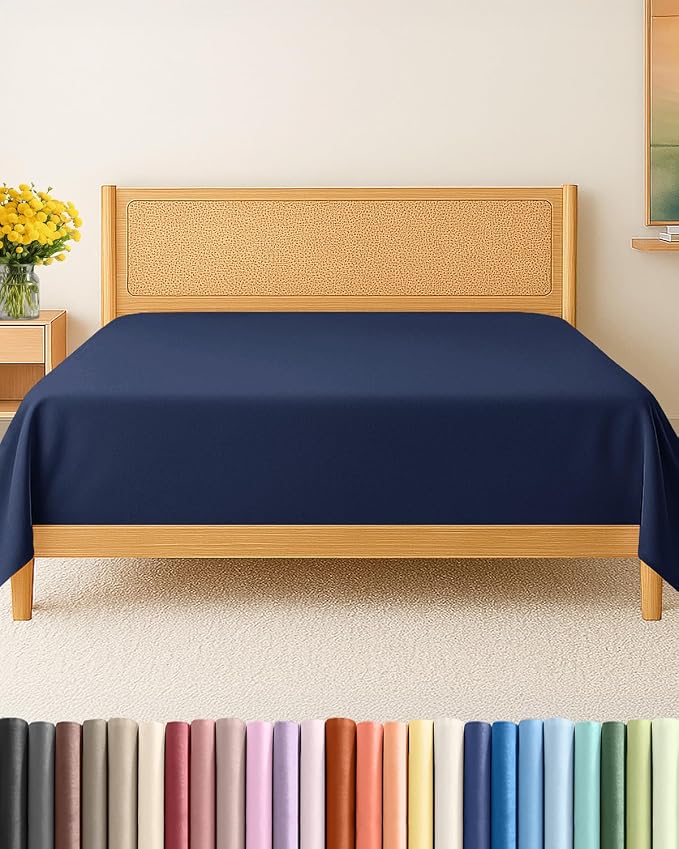 Full Flat Sheet - Single Top Flat Sheet Only - Soft & Cooling - Navy Blue | Hotel Luxury Top Flat Sheet Only, Ultra-Soft, Breathable & Cooling, Fade & Wrinkle Free, Easy-Care, Stain & Shrink Resistant