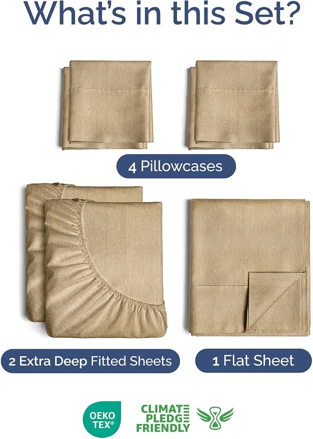 Extra Deep Split King Sheet Set - 7 Piece Cooling Sheets - Heathered Tan | Hotel Luxury Bed Sheets Set, Easy & Secure Fit, Ultra-Soft, Wrinkle & Fade Free, Comfy Sheets Set with Extra Deep Pockets