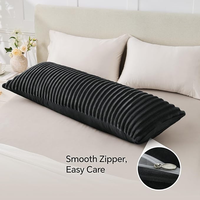 BEDELITE Fluffy Striped Body Pillow Cover with Zipper, Black, 20x54 | Ultra-soft Faux Fur with 4D Striped Texture, Comfy, Plush, and Cloud-like, Body Pillow Pillowcase for Bed Couch Room Decor