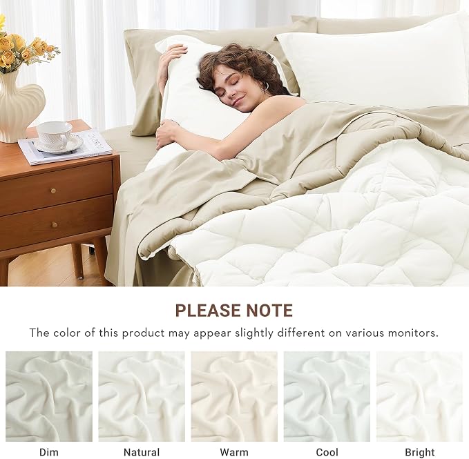 5 Pieces Twin Comforter Set, Reversible Bed in a Bag Twin Size, All Season Bedding Set with Comforter, Flat Sheet, Fitted Sheet, Pillowcases & Shams, Ivory & Khaki