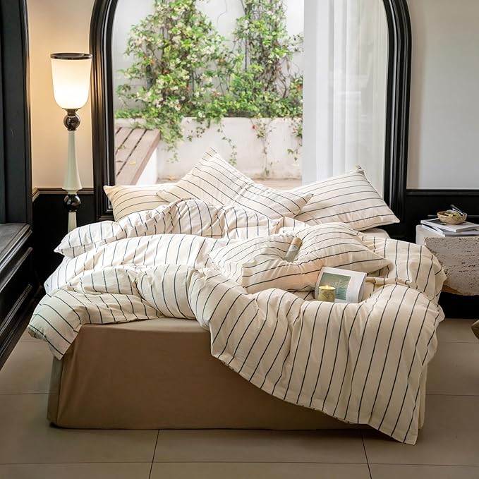 LifeTB Striped Comforter Set Full Size Grey Stripes Pattern Printed Comforter 3 Pieces Lightweight Boho Bedding Comforter Set for All Seasons Breathable Soft Fluffy Beige Comforter with 2 Pillowcases