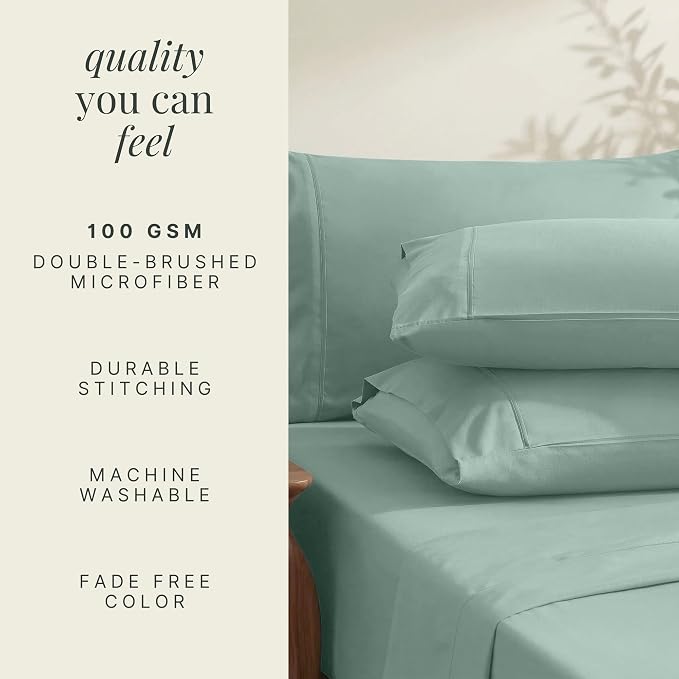 Hearth & Harbor Bed Sheets, Luxury Soft 6 Piece Bed Sheet Set Extra Deep Pocket Fitted Sheets Fits Mattress up to 21", Double Brushed Bedding Sheets & Pillowcases, Twin XL, Ice Green