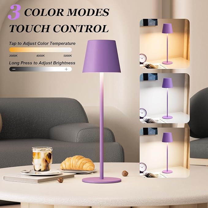 Kakanuo Cordless Table Lamp Rechargeable Purple - KK 2 Pack 5000mAH Battery Operated Lamp for Counter, 3 Color Stepless Dimming Wireless Lamp for Dining Kitchen, Outdoor Patio, Touch Control