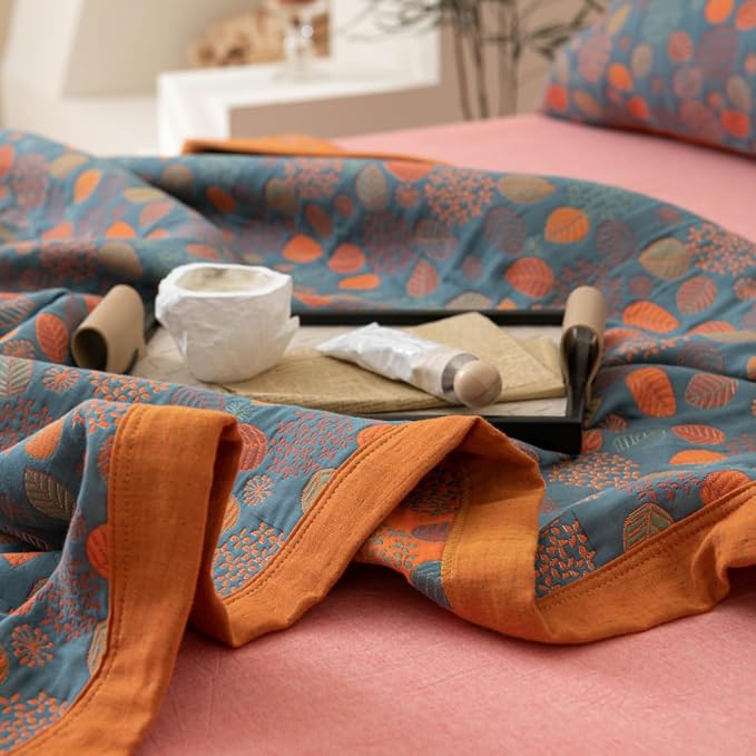 100% Cotton Muslin Blanket Jacquard Rustic Floral Leaves Print Quilt, Soft Bed Cover 3 Layers Reversible Bedspread Coverlet Breathable Lightweight Bedding Twin(59"x94"), No Pillow Sham