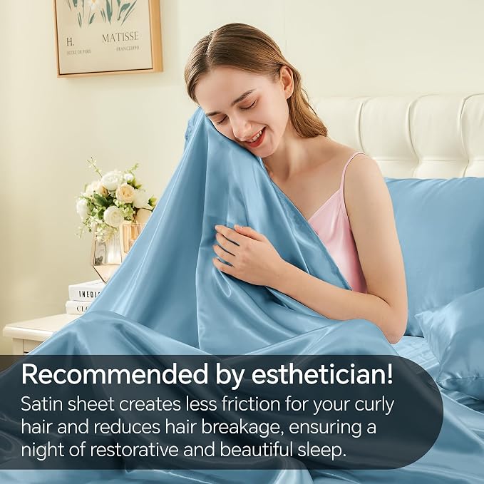 BEDELITE Satin Sheets Twin Size Bed Set, Airy Blue, 3 Pieces | Luxury Silky Bed Sheets, 15 Inch Deep Pocket, Similar to Silk, Soft and Cooling, Reduces Friction, Gentle on Hair and Skin