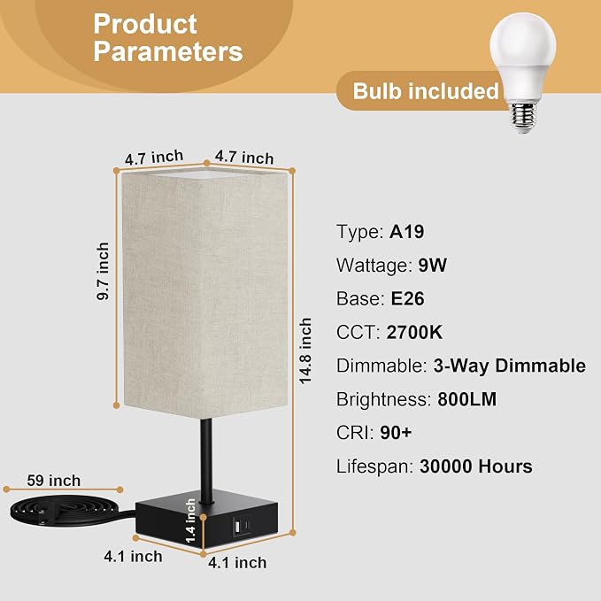 Touch Bedside Table Lamp for Bedroom, 14-Inch, Beige, Set of 2 | USB A+C Ports, Touch 3-Way Dimmable LED Bulb Included Fabric Lampshade Metal Base Small Nightstand Lamp for Desk Living Room