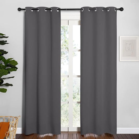 NICETOWN Gray Blackout Curtains for Bedroom 34" Wide x 84" Long 2 Panels | 3 Pass Microfiber Thermal Insulated Solid Ring Top Drapery Panels Drapes for Living Room Kitchen, Light Blocking Home Decor