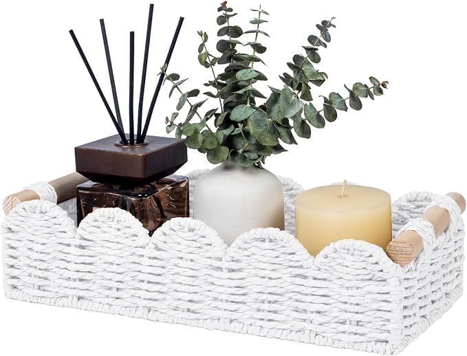 CubesLand Toilet Paper Storage Basket Organizer, Small Wicker Decor Basket | Toilet Tank Top Decorative Basket for Countertop, Handwoven Scalloped Basket W/Handle for Home Decor Living Room, White