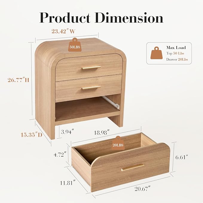 Night Stand, 3-Drawer | [Curved Profile] [FSC-Certified Wooden Board] Nightstand 26.7"H Metal Handle Modern Bedside Table Side Table End Table