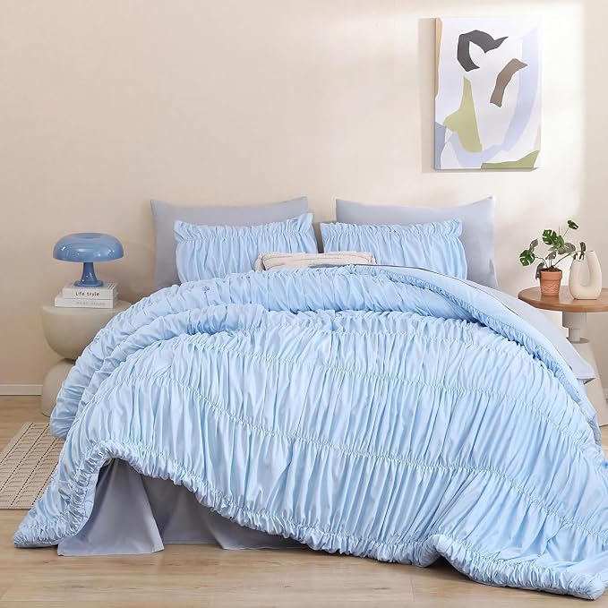 weigelia Light Blue Ruched Comforter Set Twin Size, Cute Girls Bedding Set | All Season, Soft Microfiber Comforter, Cozy Cinched Design for Home & Bedroom Decor (1 Comforter,1 Pillowcase)