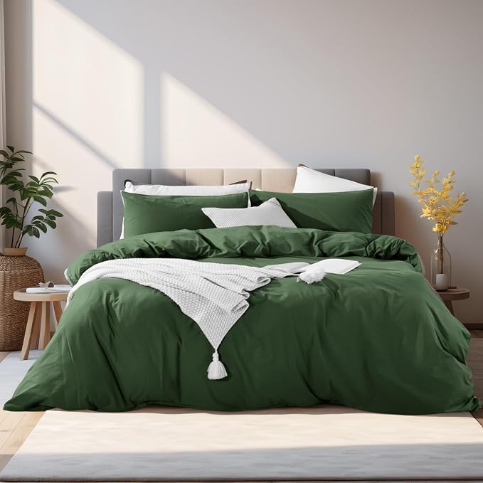 NEXHOME PRO Duvet Cover Set Oversized Queen 98"x98" Linen Look Textured Organic Natural 100% Washed Cotton Duvet Cover 3 Pieces Bedding Set Zipper Closure, Breathable, Forest Green (No Comforter)