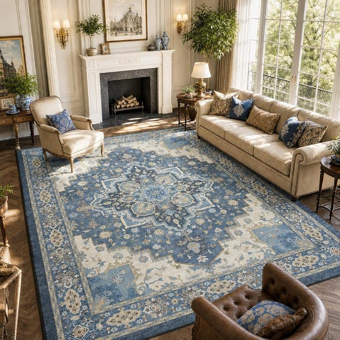AMADA HOMEFURNISHING 8x10 Area Rug for Living Room, Vintage Washable Area Rug Low-Pile & Non-Slip Carpet for Bedroom Dining Room Nursery Home Office, Navy Blue/Beige