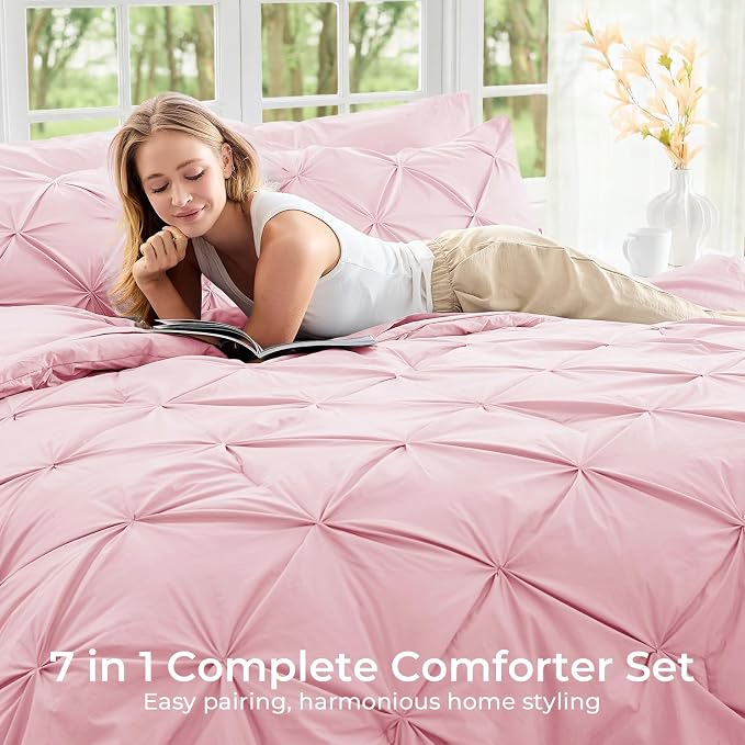 Sasttie Oversized King Comforter Set, 7-Piece Bed in a Bag, Pintuck Bedding Sets for All Season, Includes Comforter, Flat Sheet, Fitted Sheet, Pillowcases and Pillowshams, Baby Pink