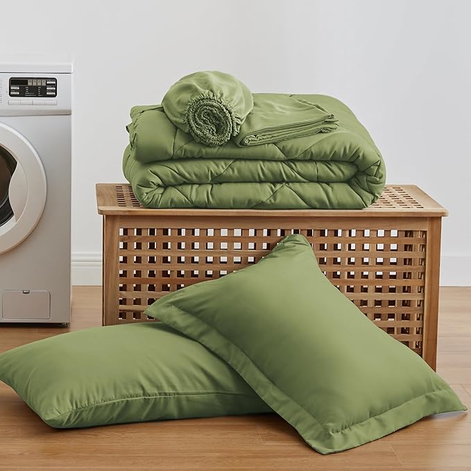 Love's cabin Twin Comforter Set Olive Green, 5 Pieces Twin Bed in a Bag, All Season Bedding Sets with 1 Comforter, 1 Flat Sheet, 1 Fitted Sheet, 1 Pillowcase and 1 Pillow Sham