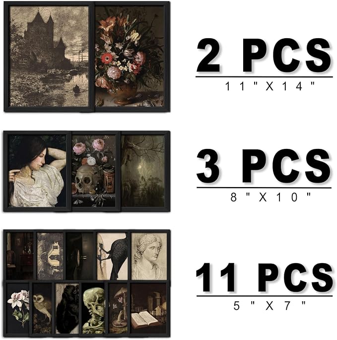 16 PCS Framed Dark Academia Room Decor, Gothic Home Decor, Moody Wall Art Prints for Bedroom, Gallery Wall Frame Set, Witchy Posters for Living Room Aesthetic, Halloween Dorm Collage Kit