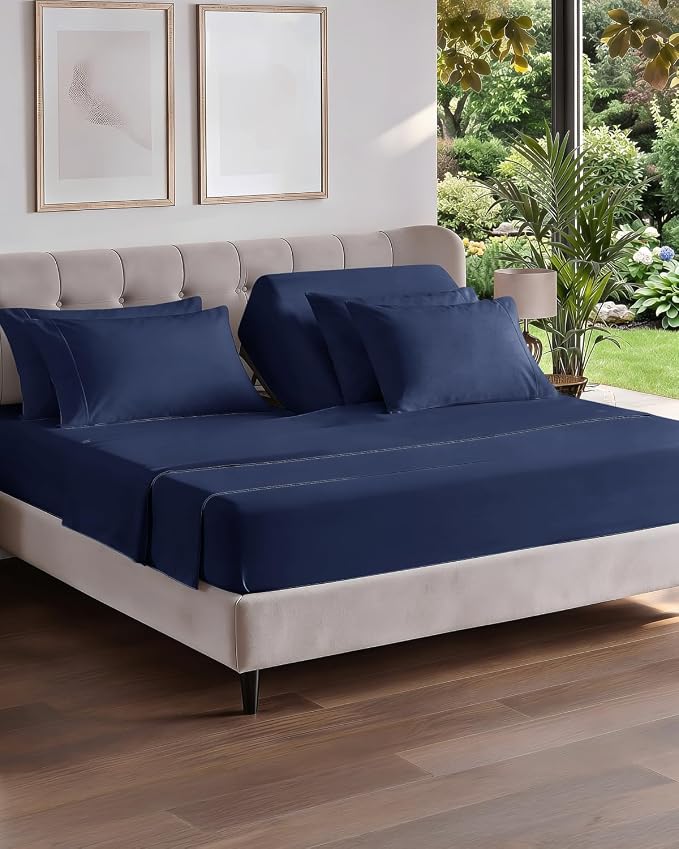Flex Top Split Head King 6 Piece Sheet Set - Soft & Cooling - Navy Blue | Ultra Soft Hotel Luxury Bedding Set w/ 8-16 Inch Deep Pockets, 1 Flat & 1 Split-Head Fitted Sheet & 4 Pillowcases, Fade Free