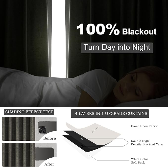 Dark Grey 100% Blackout 132 Inch Long Curtains for Large Window Treatment Back Tab with Hooks Rings Thick Linen Full Black Out Curtains Soundproof Cottagecore 132 Inch Length Window Drapes 2 Panels