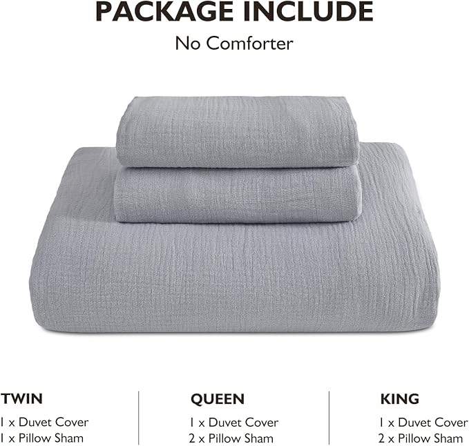 EMME Muslin Cotton Duvet Cover Set Light Grey King Size Linen Like Soft Breathable Lightweight Summer Comforter Cover Set with Zipper Closure (Light Grey, King, 104"x90")