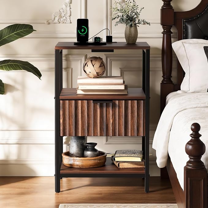 VINGLI Nightstands Set of 2 with Fabric Drawer, Walnut Nightstand with Charging Station, Fluted Night Stands, Bedside Tables/End Tables with Charger Station, Side Table Bedroom,Small Night Stand,2 pcs