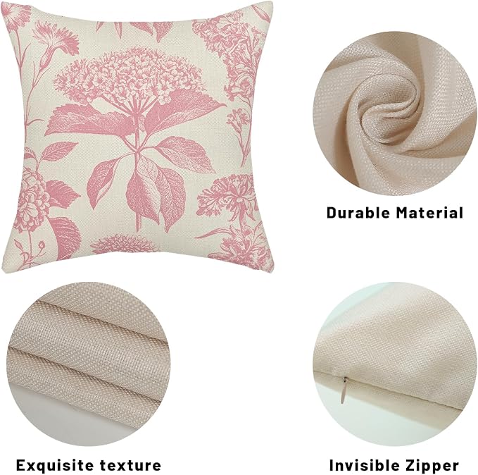 Pink Pillow Covers 16x16 Inch 2 Pcs Boho Vintage Floral Decor Throw Pillows Hydrangea Flower Seasonal Outdoor Farmhouse Neutral Accent Decoration Pillowcase Linen Cushion Cover for Sofa